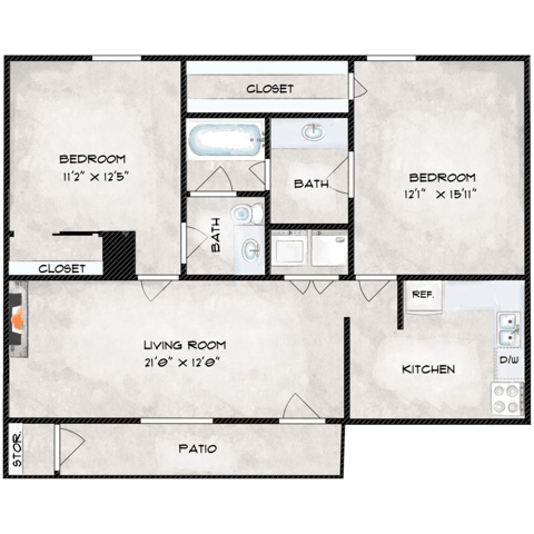 A floor plan of a house with two bedrooms, a living room, a kitchen, a bath, a closet, and a patio.